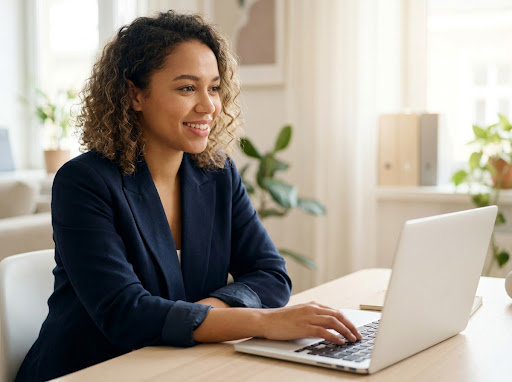 Young professional smiling confidently in home office